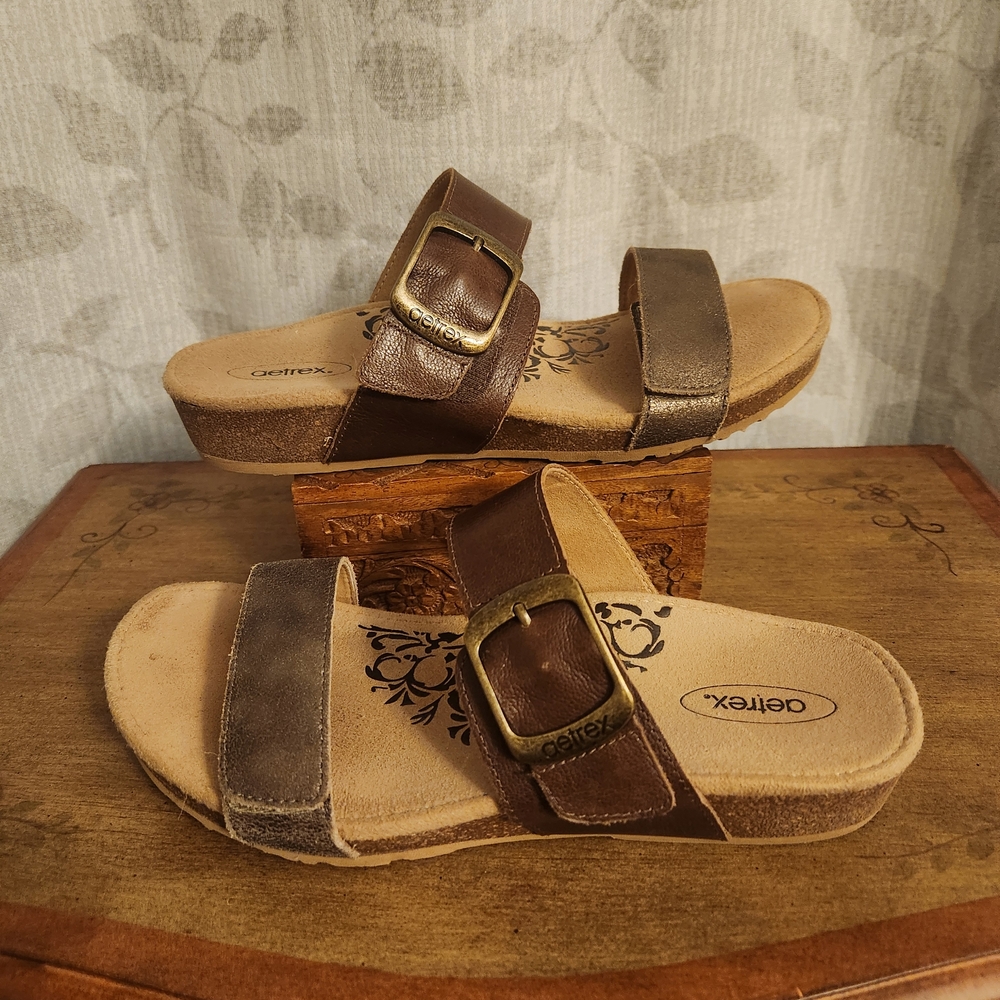 Aetrex Brown Leather Sandals with Brass Buckle